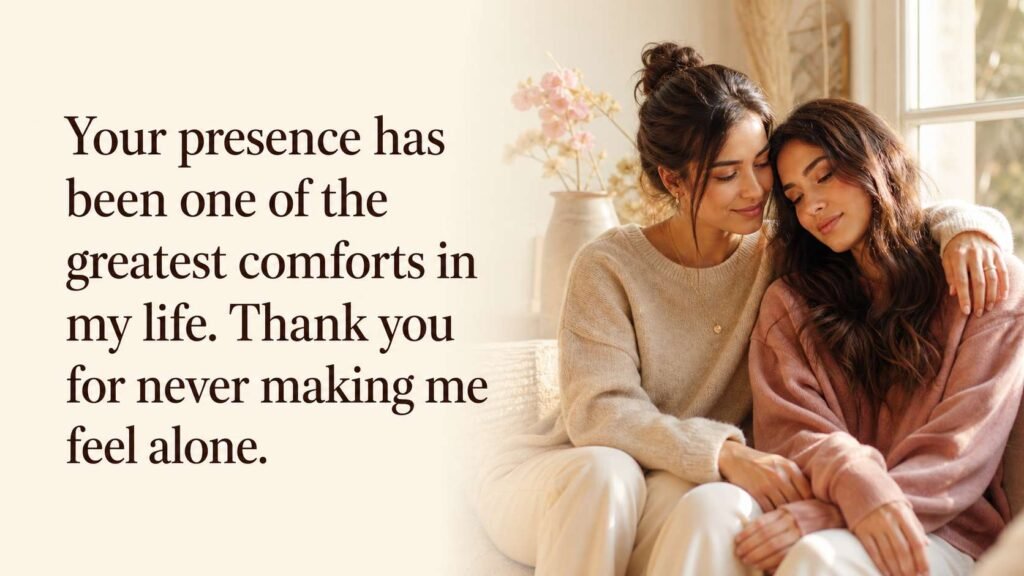 Two friends embracing on a couch with quote: Your presence has been one of the greatest comforts in my life. Thank you for never making me feel alone