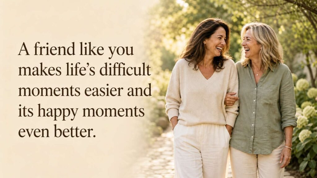 Two women walking together down a garden path with quote: A friend like you makes life's difficult moments easier and its happy moments even better