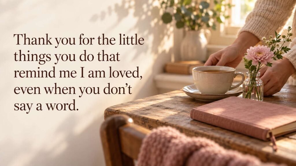 Cup of tea served on a wooden table beside a journal with quote: Thank you for the little things you do that remind me I am loved, even when you don't say a word