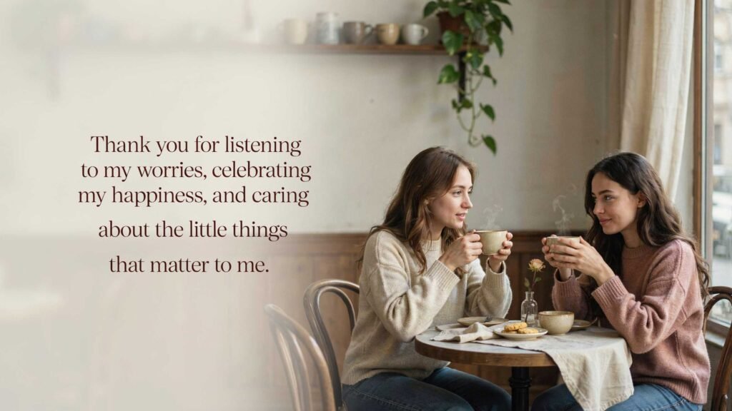 Two friends sharing coffee at a cafe table with quote: Thank you for listening to my worries, celebrating my happiness, and caring about the little things that matter to me