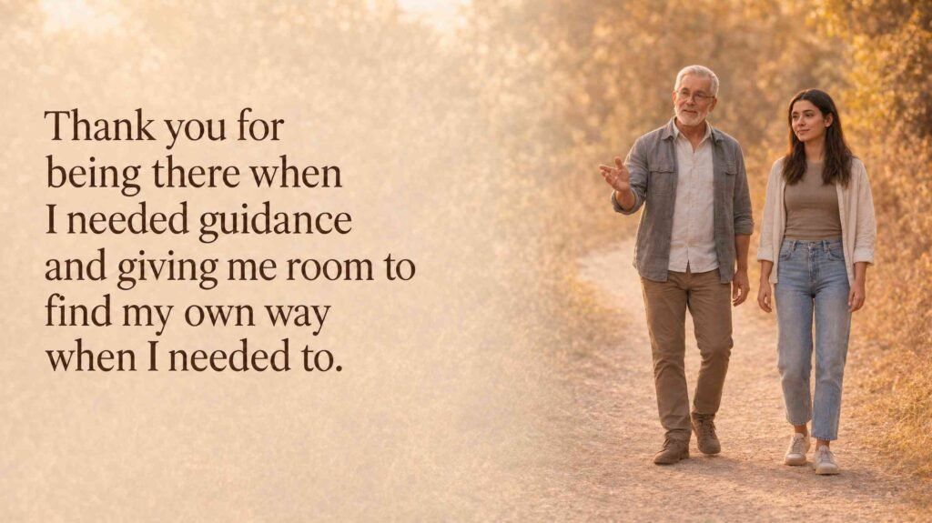 Father and daughter walking along a trail with quote: Thank you for being there when I needed guidance and giving me room to find my own way when I needed to
