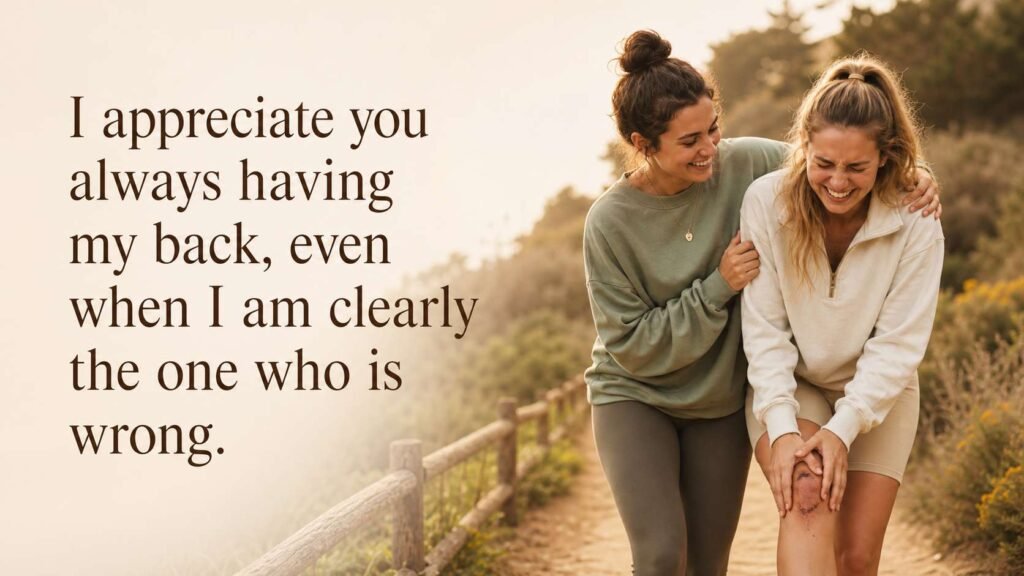 Two friends laughing together on an outdoor path with quote: I appreciate you always having my back, even when I am clearly the one who is wrong