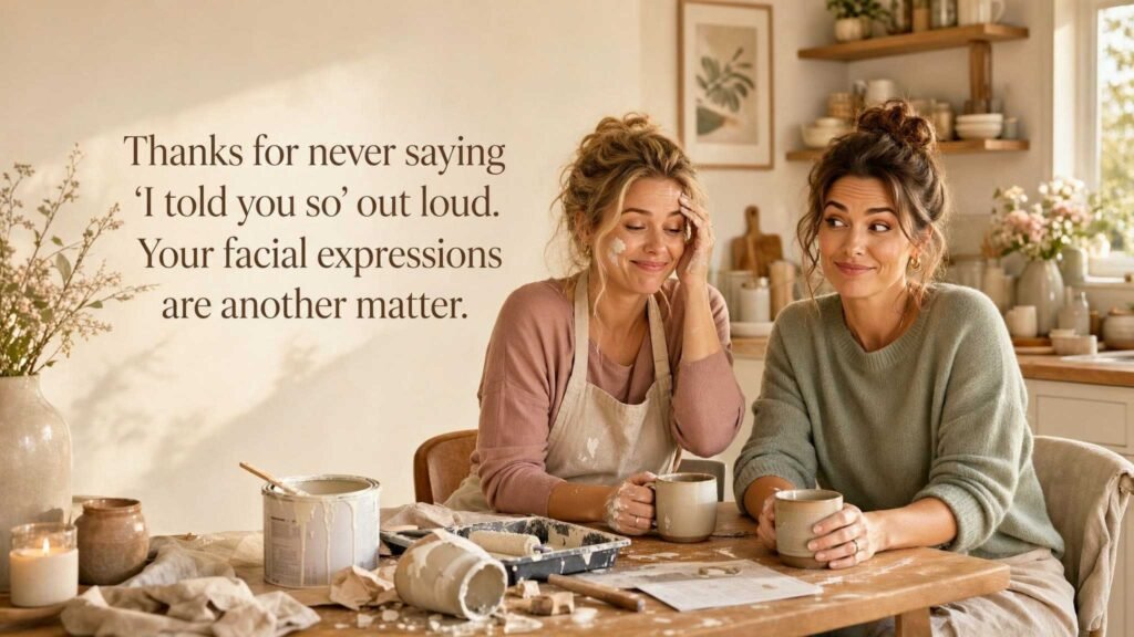 Two friends doing crafts together at a kitchen table with quote: Thanks for never saying I told you so out loud. Your facial expressions are another matter