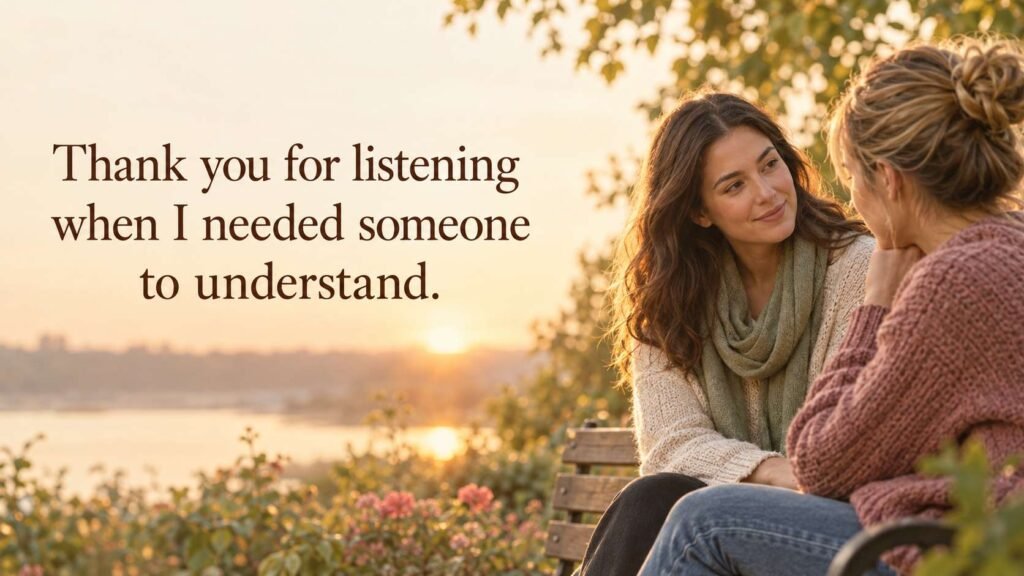 Two women sitting on a park bench at sunset with quote: Thank you for listening when I needed someone to understand